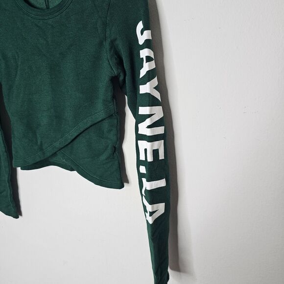 NWOT Monrow Green Faux Wrap Long Sleeve JAYNE.LA Graphic Crop Sweater Small - Picture 2 of 7